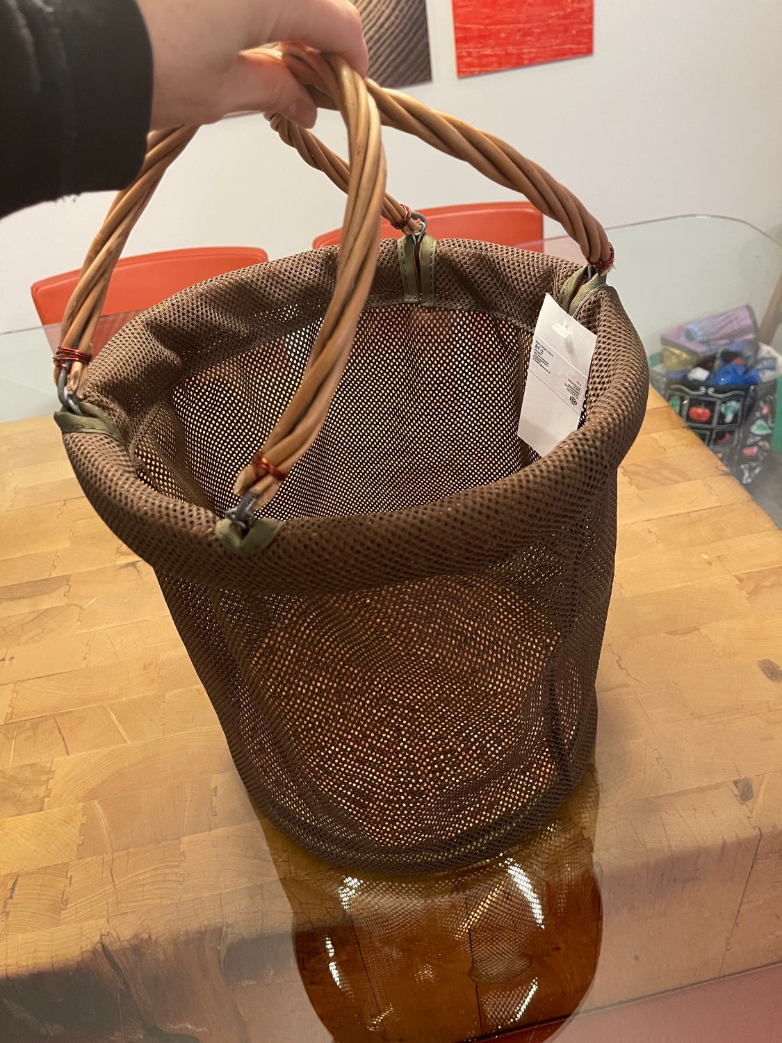 Collapsible Mesh Basket with Wicker Handles and Bottom